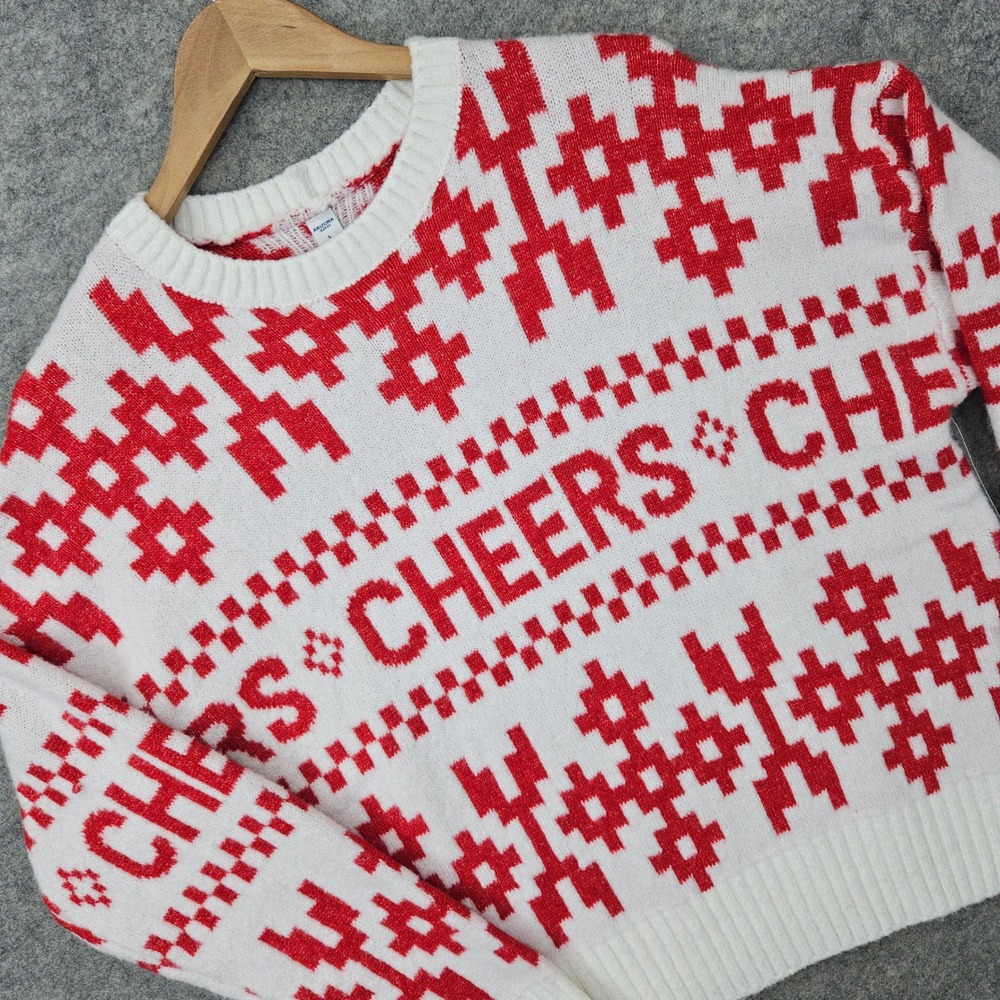 NEW Arizona Sweater Womens Juniors Large White Red Cheers Fair Isle Holiday Cozy